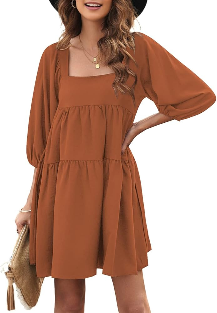 BLENCOT Womens Cute Puffed Sleeve Backless Lace Up Babydoll Mini Dresses S-XL | Amazon (US)