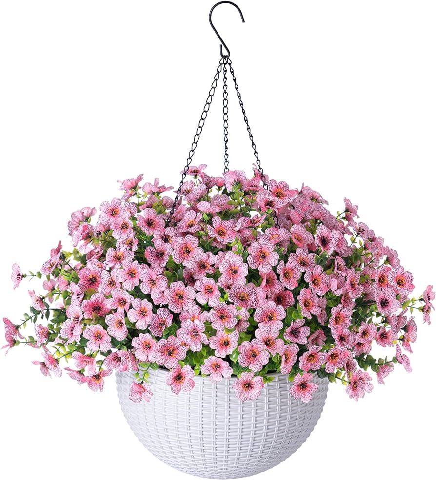 Artificial Fake Hanging Plants Flowers Basket for Outdoor Spring Decor, Faux Silk Pink Daisy Euca... | Amazon (US)
