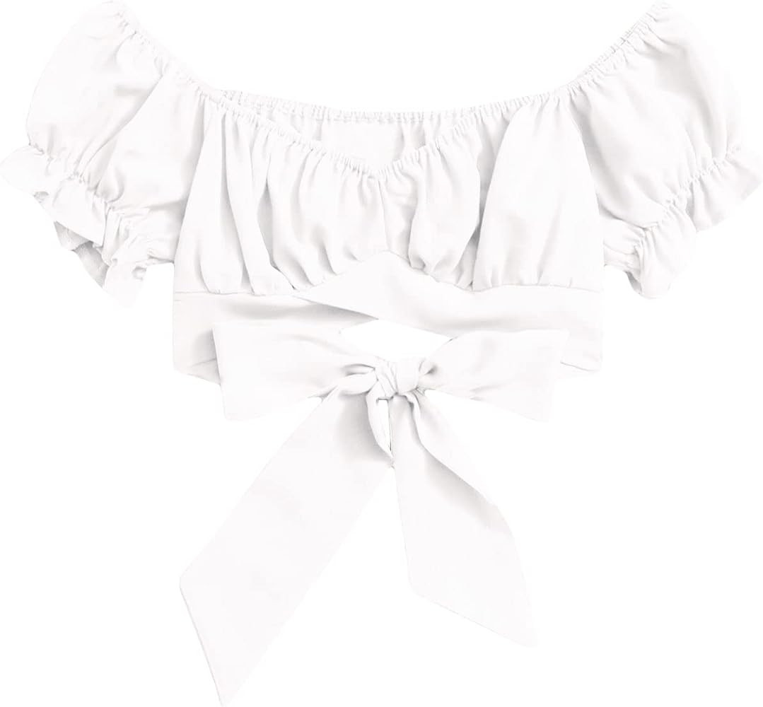 Floerns Women's Off Shoulder Puff Short Sleeve Tie Hem Blouse Sweet Heart Neckline Crop Top | Amazon (CA)