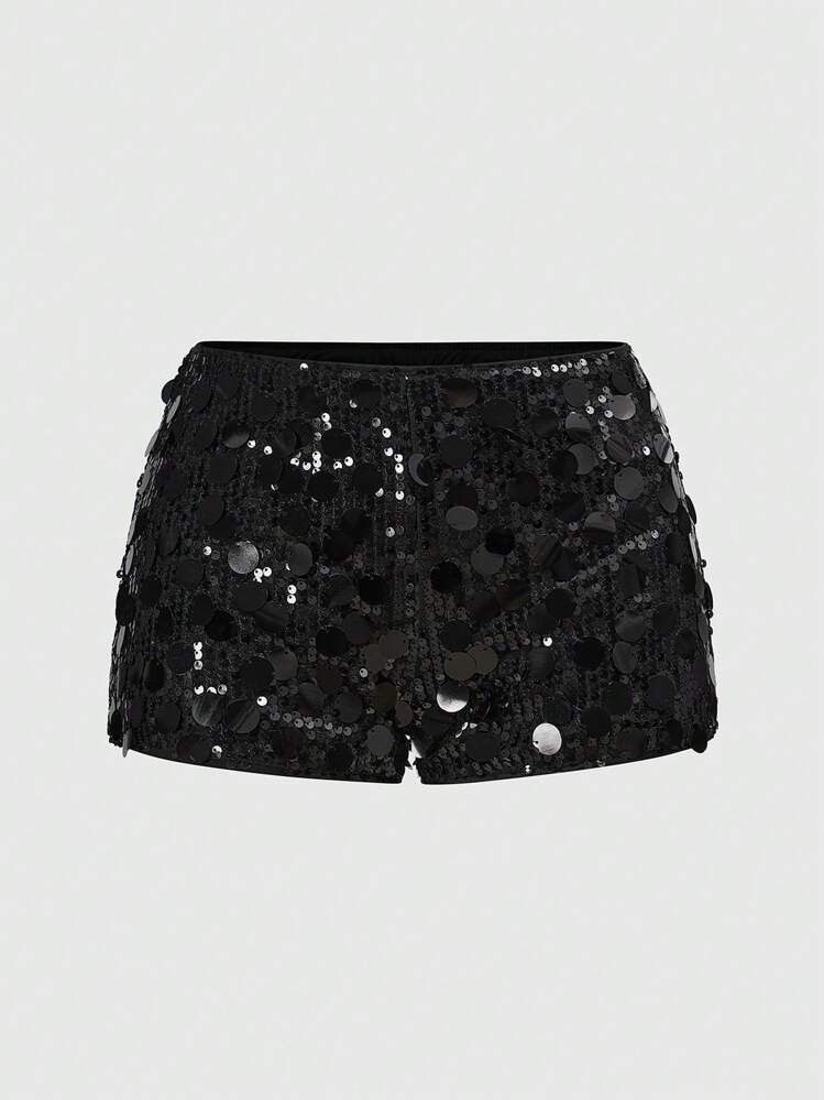 ROMWE Grunge Punk Women Carnival Party Black Glitter Sequin Sexy Low Waist Stretchy Mini Shorts | SHEIN