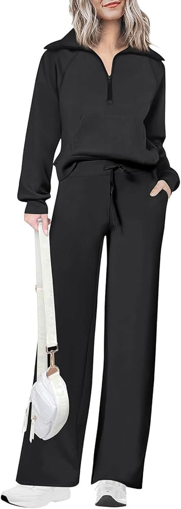 Women 2 Piece Half Zip Sweatsuit Fall Outfits 2024 Casual Sweatshirt Wide Leg Sweatpants Matching... | Amazon (US)