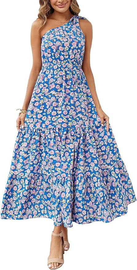 PRETTYGARDEN Women's Floral Summer Dress 2023 Knot One Shoulder Sleeveless Ruffle Hem Flowy Boho ... | Amazon (US)