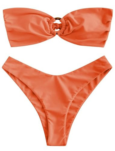 ZAFUL Women's Bandeau Bikini O Ring Strapless Tie Back High Cut Two Piece Swimsuit Bathing Suits (1-Orange, Medium) | Amazon (US)