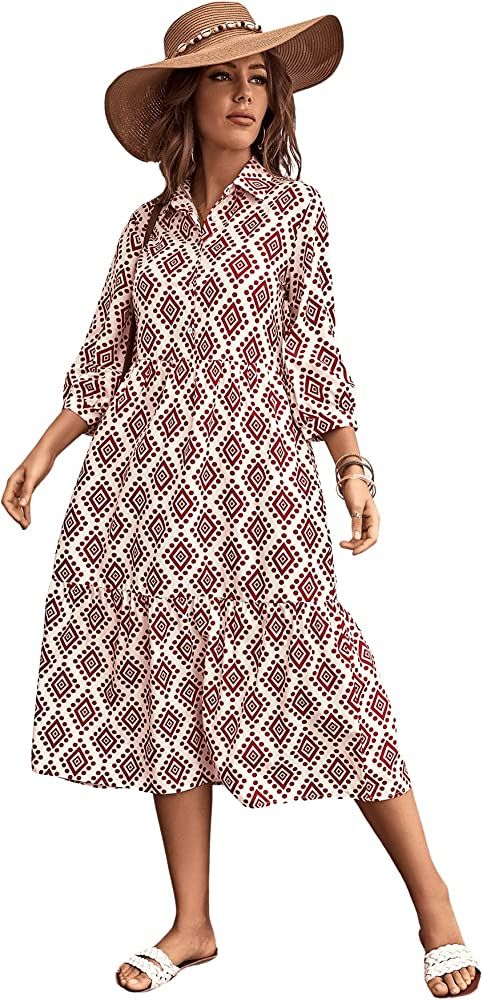 SweatyRocks Women's Geo Print Long Sleeve Button Front Midi Dress Flared Shirt Dresses | Amazon (US)