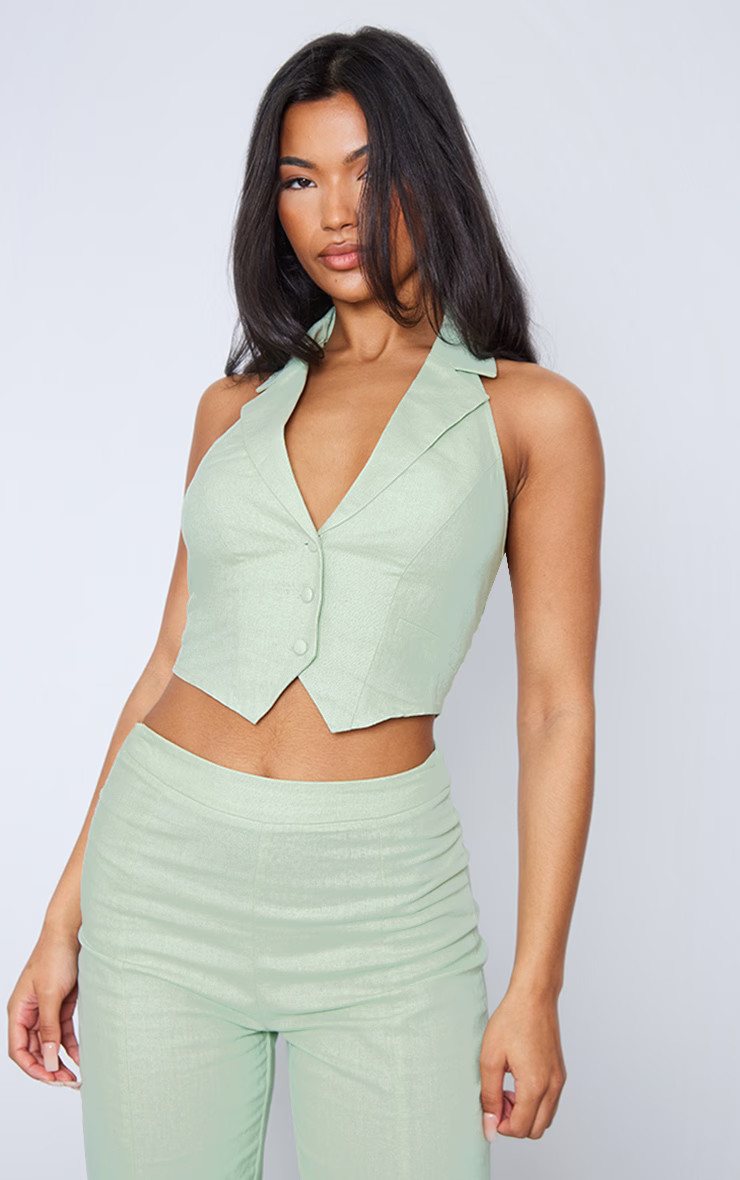 Sage Green Linen Look Halterneck Waistcoat | PrettyLittleThing UK