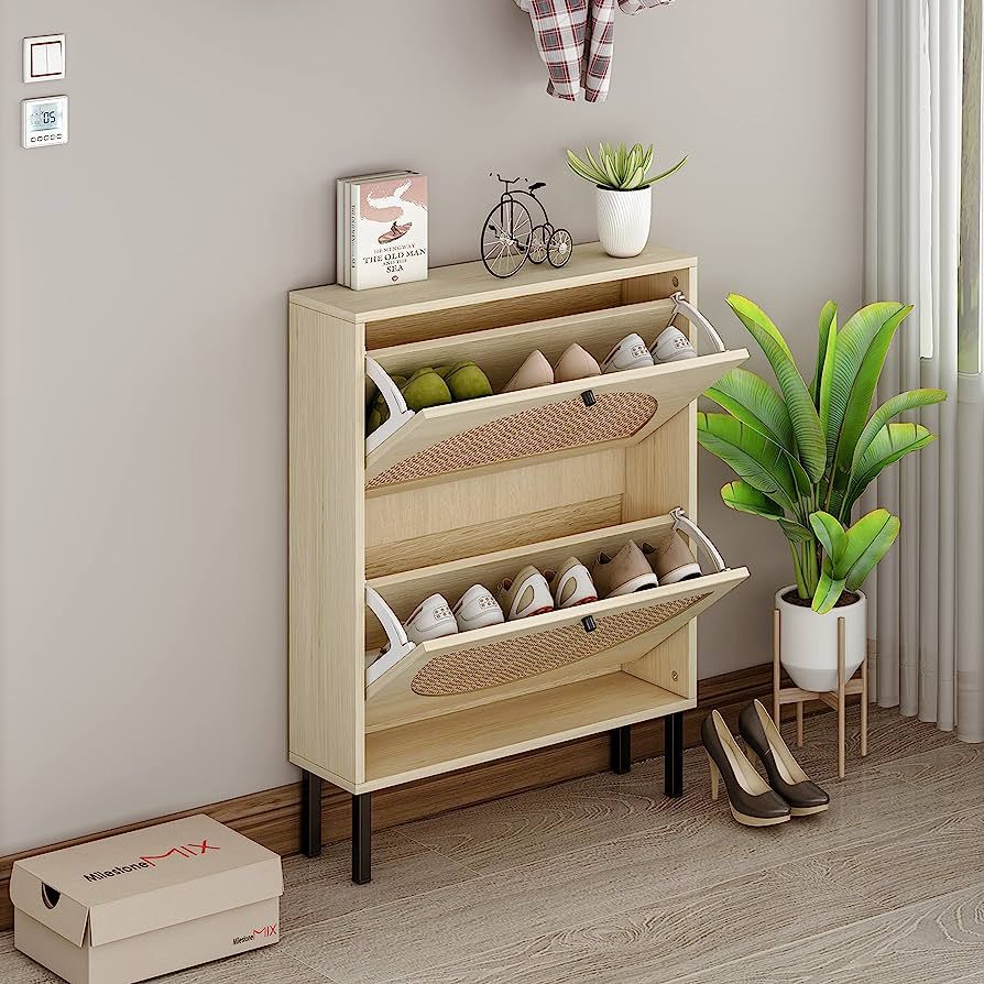 Natural Rattan Shoe Cabinet with 2 Flip Drawers, Free Standing Shoe Racks Storage Cabinet with Me... | Amazon (US)