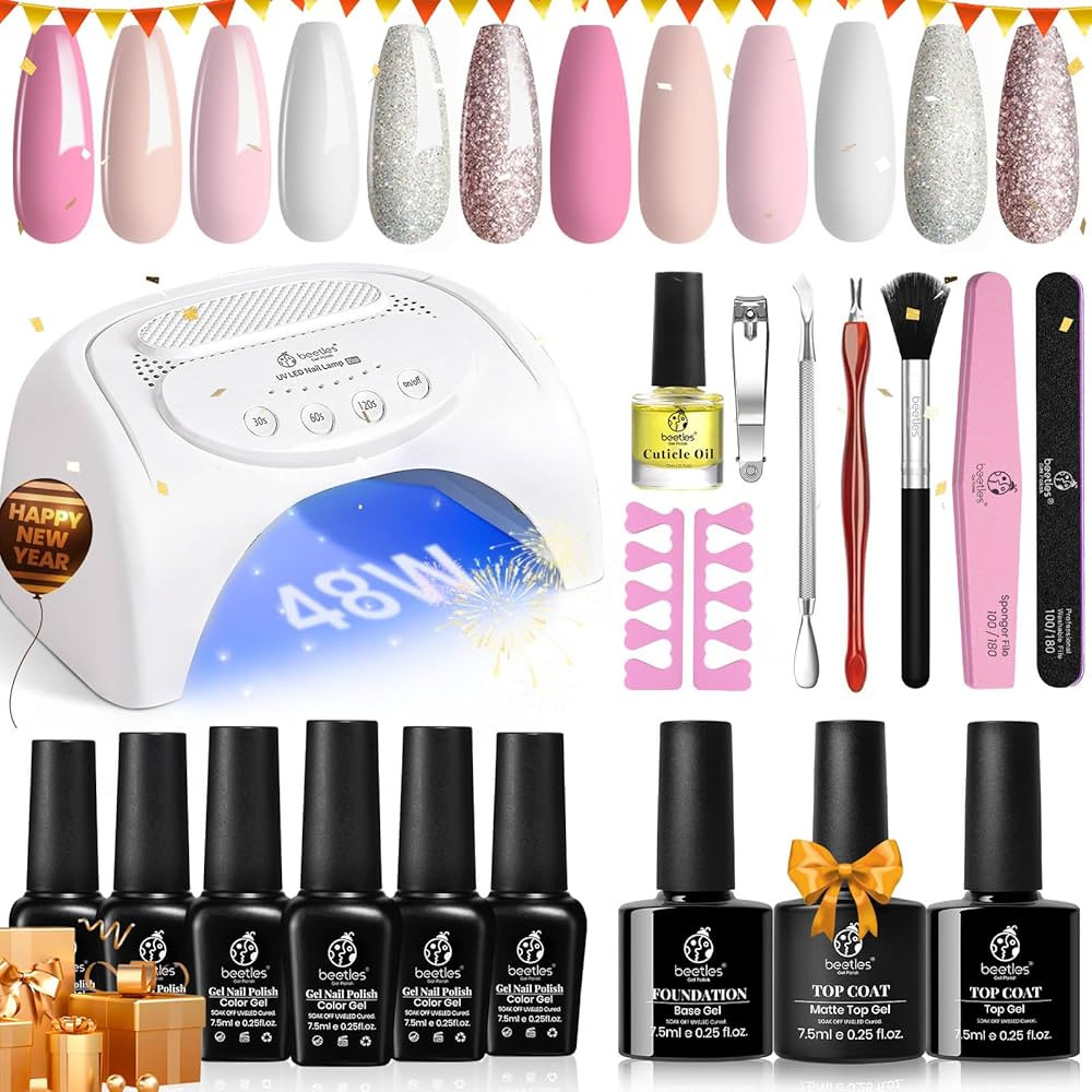 Beetles Gel Nail Polish Kit with 48W light 18 Pcs Gel Starter Kit,6 colors Nude Pink French White... | Amazon (US)