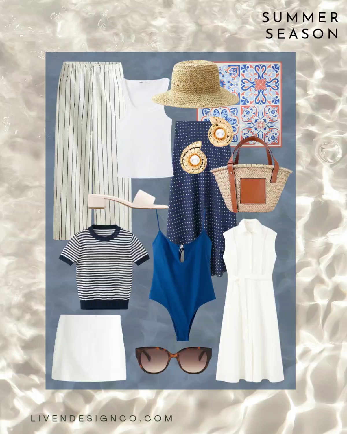 Summer style. Mediterranean. Straw hat. Bandana. Scarf. Slides. Shirtdress. Navy swimsuit. Mango. Polka dot skirt. Asymmetrical skirt. Linen skort

#LTKSeasonal #LTKSaleAlert
