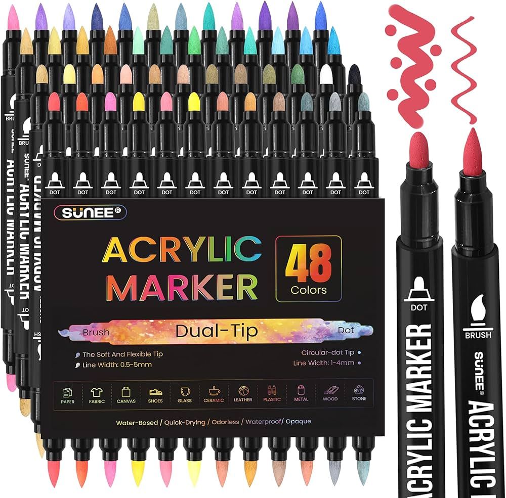 SUNEE 48 Colors Acrylic Paint Pens, Dual Tip Marker Pens With Medium Tip and Brush Tip, Paint Mar... | Amazon (US)