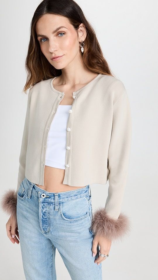 Knitted Cardigan with Detachable Feathers in Beige | Shopbop