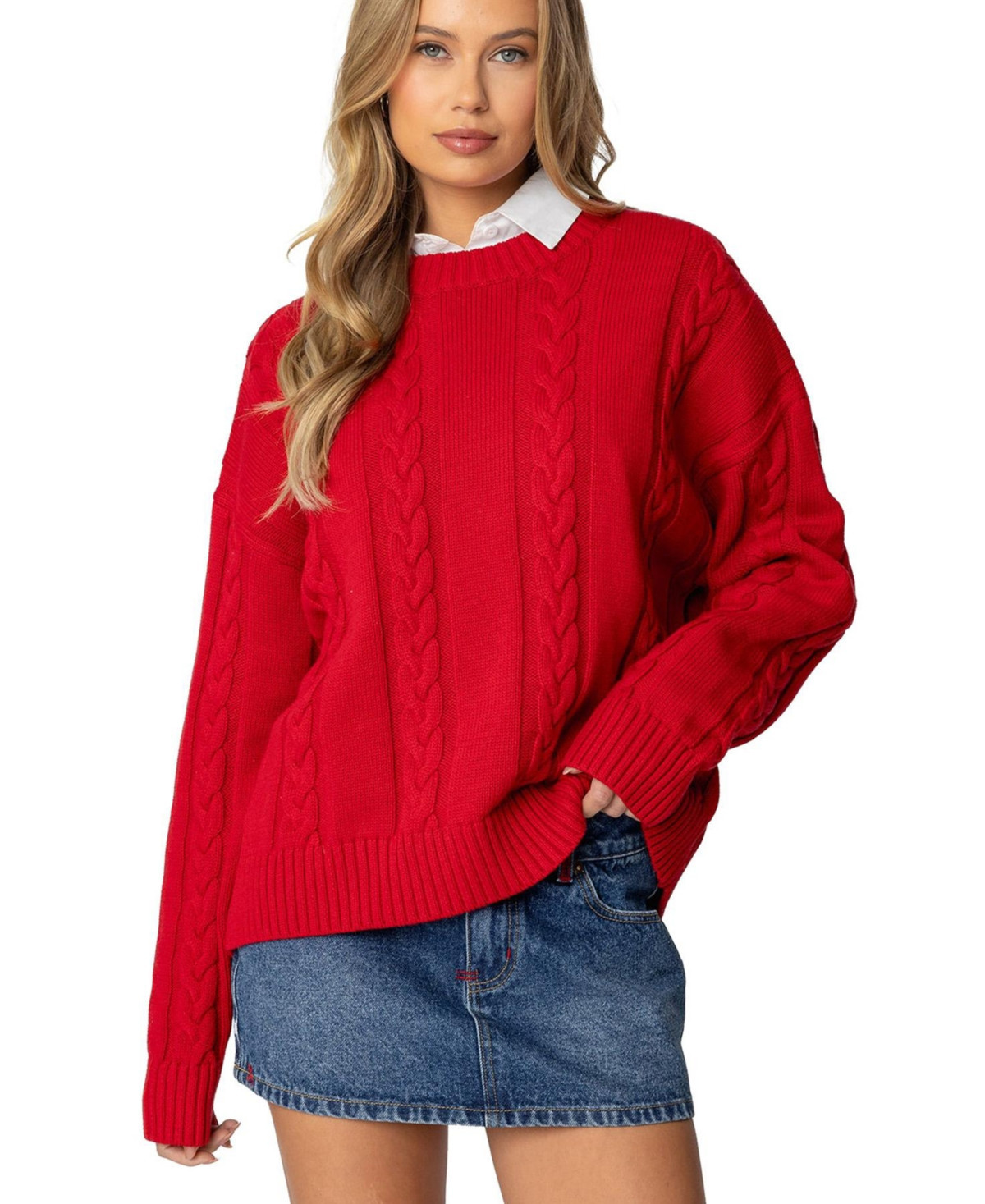 Edikted Womens Acacia Oversized Cable Knit Sweater - Red | Macy's