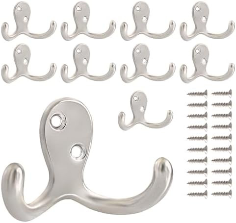10 Pack Coat Hooks Wall Hooks for Hanging, Heavy Duty Double Prong Metal Hook Wall Mounted for Li... | Amazon (US)