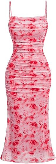 GORGLITTER Women's Floral Ruched Bodycon Midi Dress Mesh Sleeveless Fishtail Cami Dresses | Amazon (US)