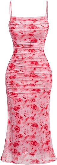 GORGLITTER Women's Floral Ruched Bodycon Midi Dress Mesh Sleeveless Fishtail Cami Dresses | Amazon (US)