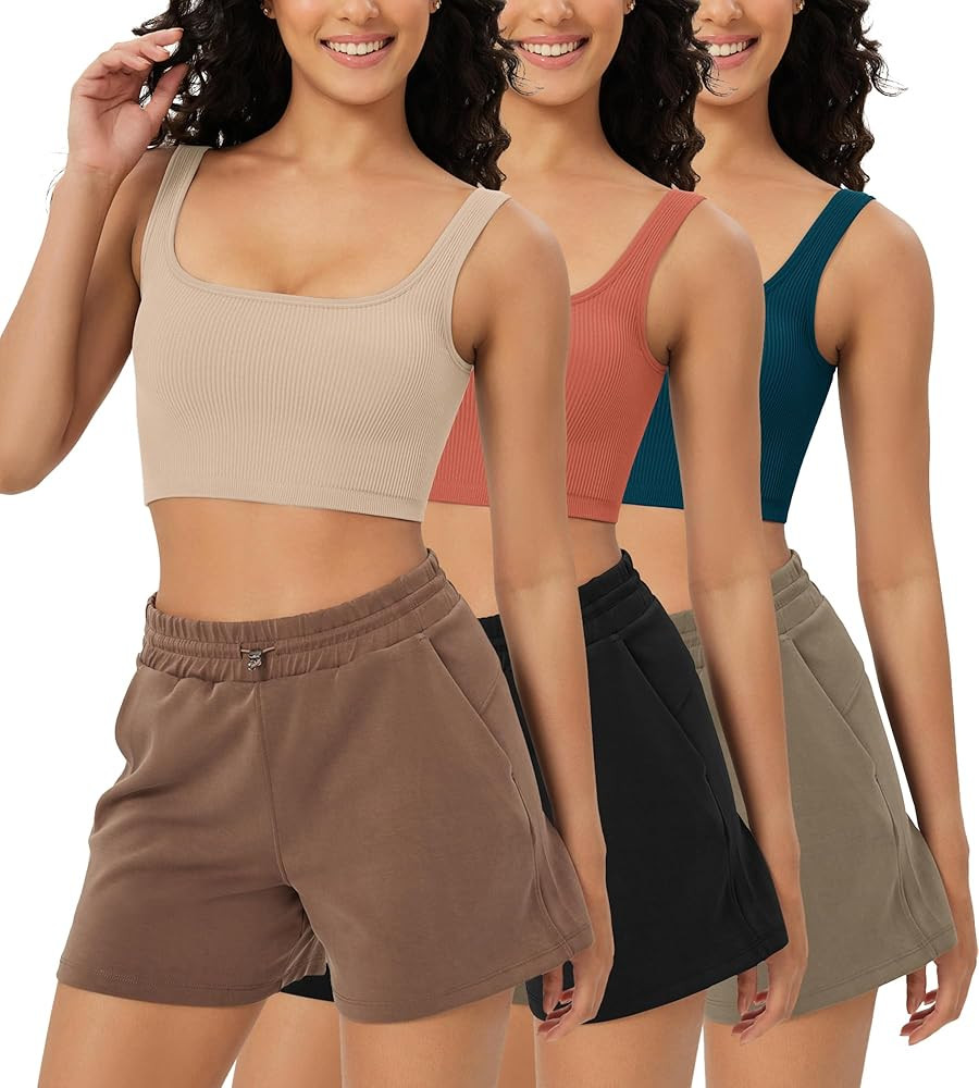 ODODOS 3-Pack Seamless Square Neck Crop Tank for Women Ribbed Knit Soft Low Back Cropped Tops | Amazon (US)