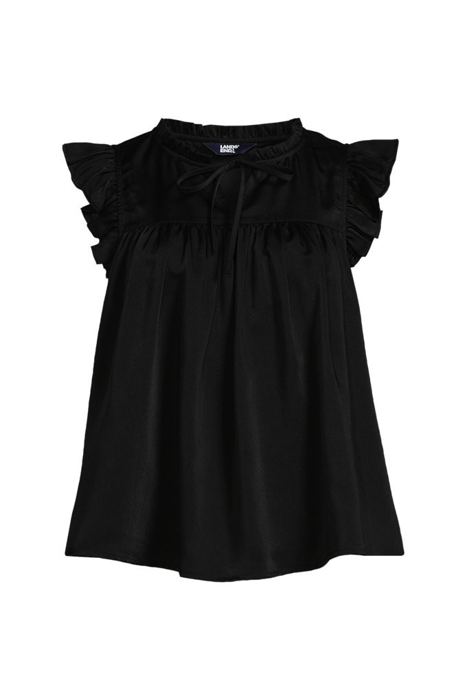 Women's Split Neck Satin Ruffle Blouse - Lands' End - Black - S | Lands' End (US)