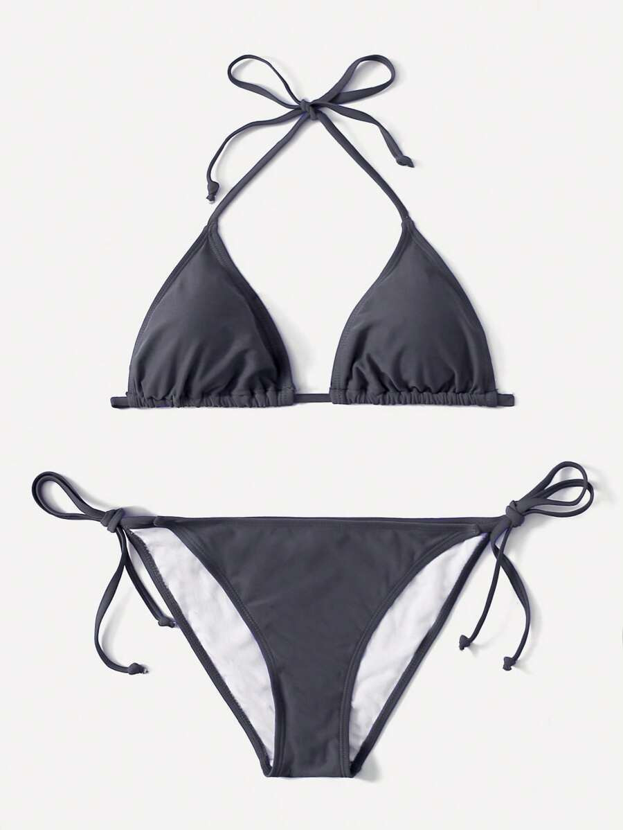 SHEIN Swim Women's Summer Beach Solid Color Halter Neck Tie Sexy Bikini Set | SHEIN