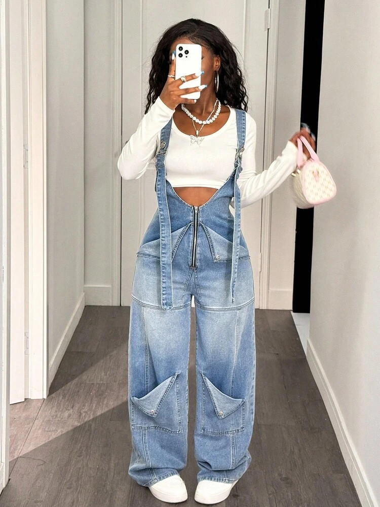 Slaydiva Women's Denim Overalls And Jumpsuits Loose Straight Overalls Light Blue Denim Jumpsuit Fall Women Clothes Winter Clothes Halloween Goth Alternative Y2K Fashionable Street Wear Baggy Jeans Y2k Jean Overalls Curve Overalls Denim Jumpsuits For Woman | SHEIN