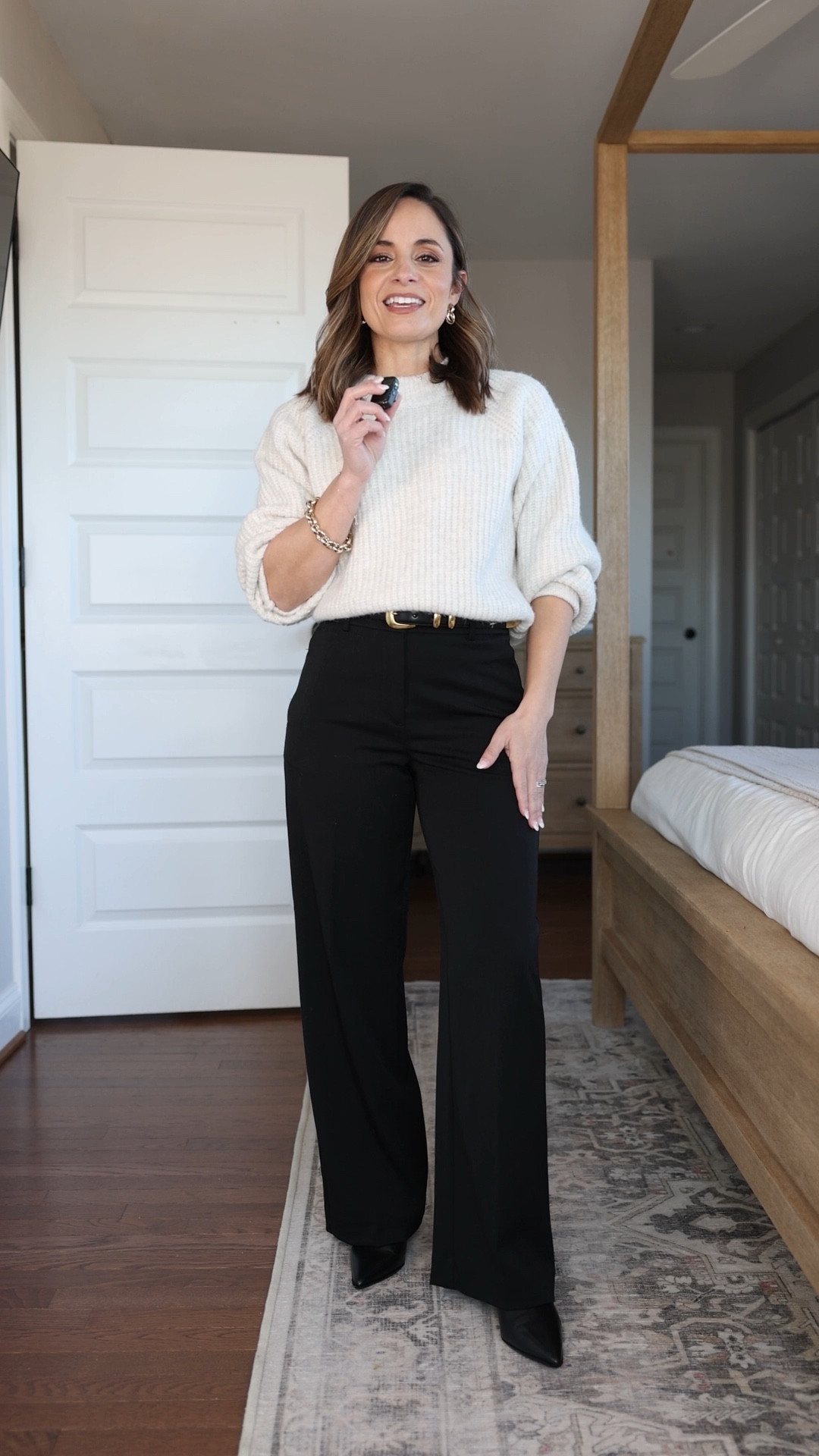 2026 winter workwear capsule series: black pants multiple ways. 

Black pants (Ann Taylor): petite 00 - 10” rise, 28.5” inseam - I wear these in curvy fit. 

7 tops 
Tan V-neck cardigan (Quince): xs in oatmeal 
Green sweater (J.Crew Factory): xxs
Black cardigan (Gap): xxs (recommend a size up) 
Mauve cardigan (Madewell): xxs 
Gray cardigan (Quince): xs 
Taupe cardigan (Quince): xxs in nomad taupe 
White button down (J.Crew Factory): petite xxs 

3 base layers 
Brown top (Amazon): xs 
Black turtleneck (J.Crew Factory): xxs 
White top (Quince): xs 

3 blazers 
Plaid blazer (BR Factory): petite 00 (mostly sold out in petite) 
Tan blazer (J.Crew): petite 00 
Brown blazer (Banana Republic): petite xxs (recommend a size up) 

My measurements for reference: I’m 4’10” and 105lbs. My bust, waist, and hip measurement is 32”, 24”, and 36”.

#LTKWorkwear #LTKPetite