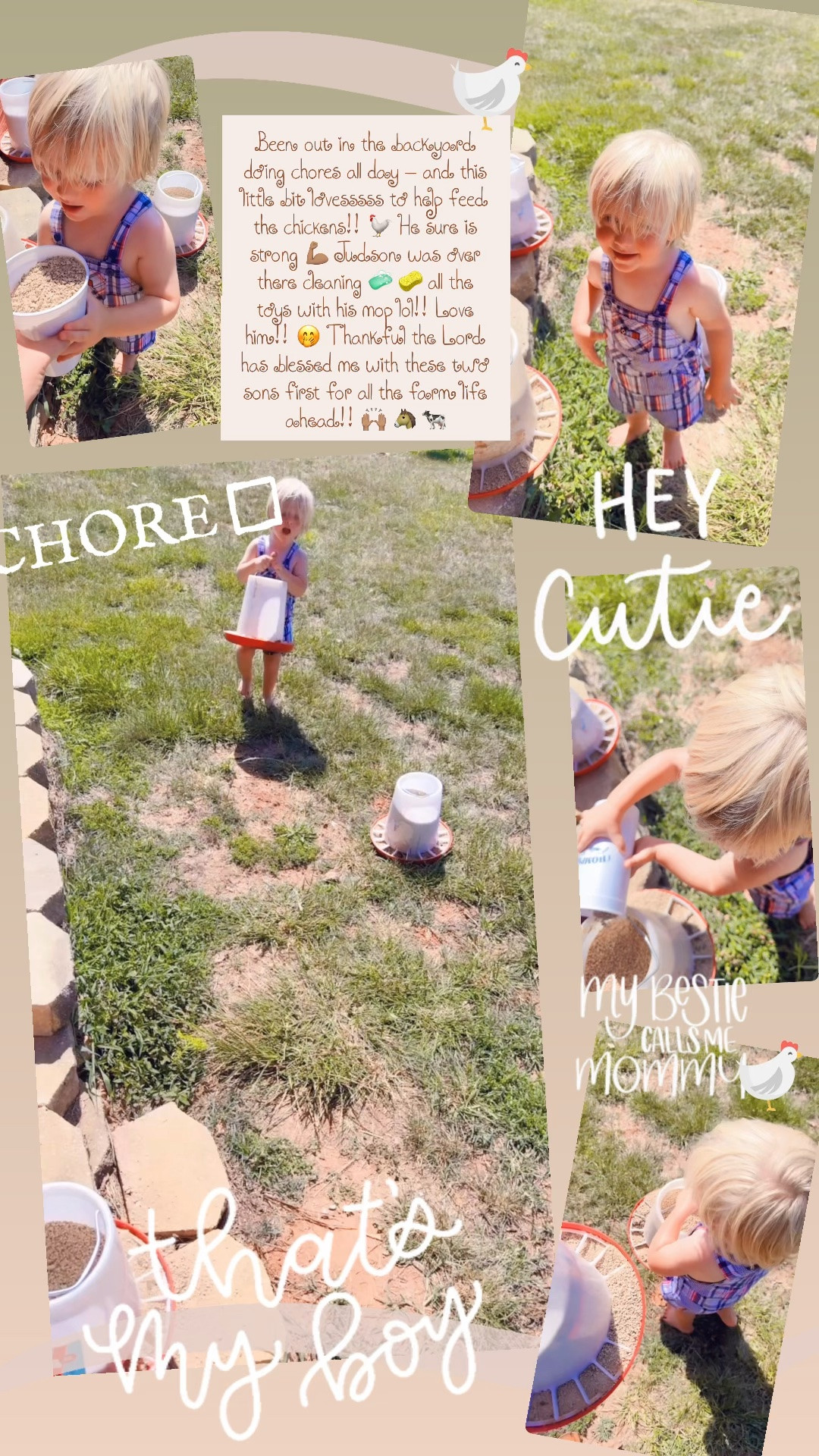 Been out in the backyard doing chores all day - and this little bit lovesssss to help feed the chickens!! 🐓 He sure is strong 💪🏽 Judson was over there cleaning 🧼 🧽 all the toys with his mop lol!! Love him!! 🤭 Thankful the Lord has blessed me with these two sons first for all the farm life ahead!! 🙌🏽 🐴 🐄