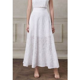 Paisley Eyelet Embroidery High-Waist Shirred Back Maxi Skirt in White | Chicwish