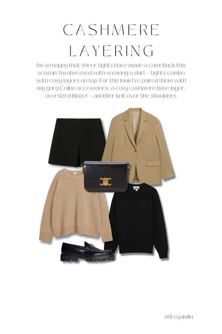 I'm so happy that sheer tights have made a comeback this season. I'm obsessed with wearing a skirt + tights combo with cosy layers on top. For this look I've paired them with my gorg Celine accessories, a cosy cashmere base layer, oversized blazer + another knit over the shoulders.

#LTKshoecrush #LTKstyletip #LTKitbag