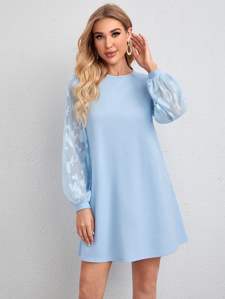 SHEIN Floral Applique Sheer Lantern Sleeve Dress | SHEIN