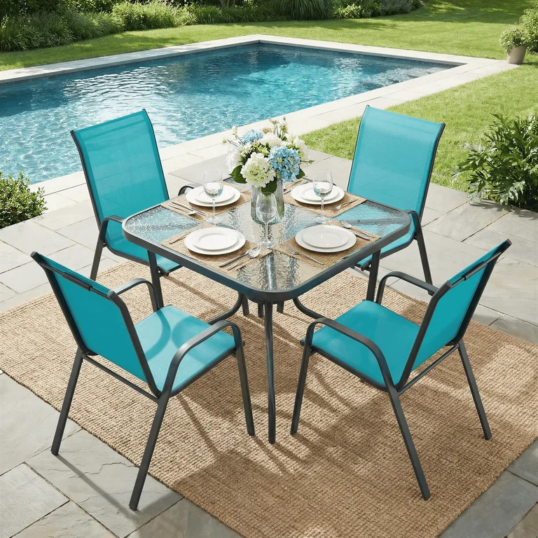 TLSUNNY 5 Pcs Outdoor Dining Table & Chair Set, Square Glass Table W/ Umbrella Hole and 4 Chairs,... | Walmart (US)