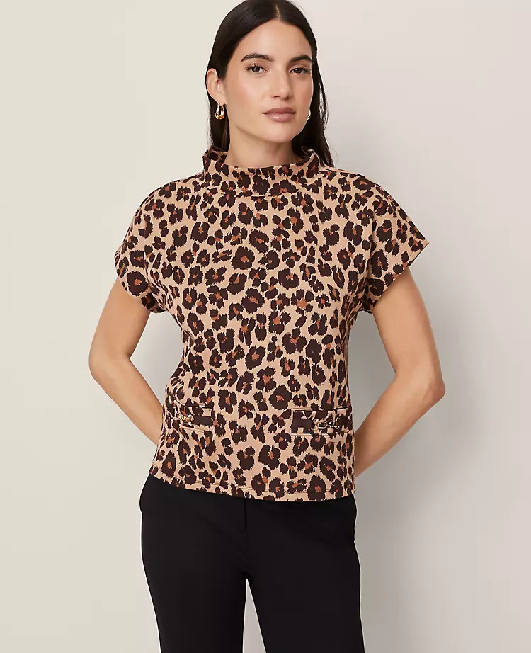 Animal Print Horsebit Mock Neck Top | Ann Taylor