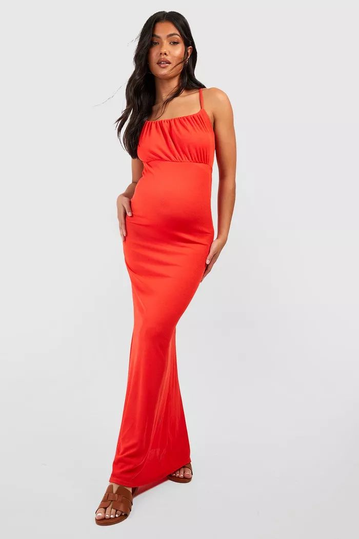 Maternity Ruched Bust Strappy Maxi Dress | boohoo (US & Canada)