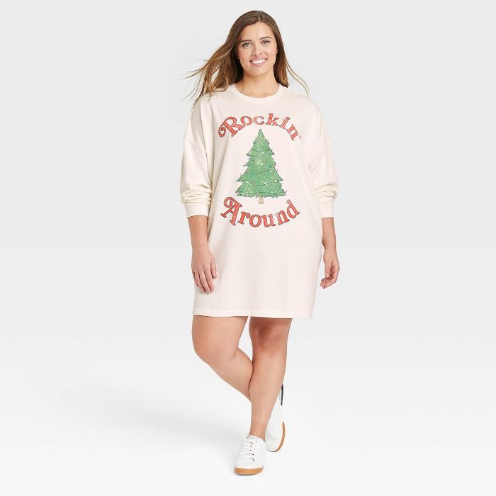 Women's Holiday Rockin' Around Long Sleeve Graphic Sweatshirt Dress - Off-White | Target
