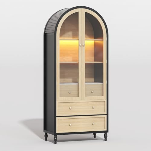 𝓢𝓪𝓾𝓭𝓲𝓼𝓶 73 Inch Tall Arched Cabinet, Arched Storage Cabinet With Doors, Black-Oak Arched Pantry, LED Lighted Display Cabinet, Boho Arch Bookshelf for Kitchen Dining Room Living Room, Black | Amazon (US)