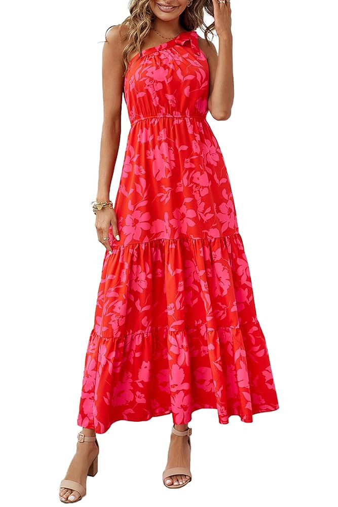 PRETTYGARDEN Women's Summer Floral One Shoulder Maxi Dress Knot Ruffle Boho Beach Vacation Weddin... | Amazon (US)