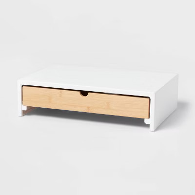 White Monitor Stand with Drawer - Brightroom™: Desk Organizer, Office Supplies, Bamboo & Steel,... | Target