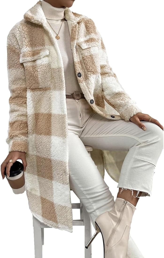 Women’s Chic Plaid Print Warm Plush Long Coat, Womens Fuzzy Fleece Jacket, Coats for Women Tren... | Amazon (US)