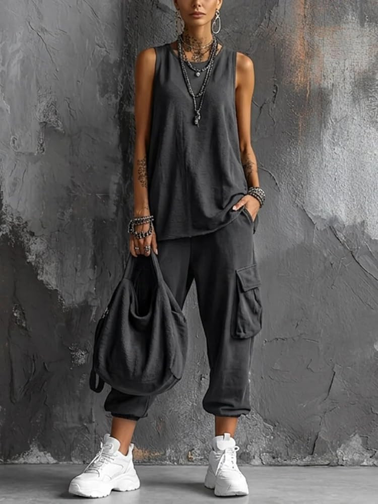 Amazon.com: Womens 2 Piece Outfits Summer Tracksuits, Sleeveless Knit Vest Top and Cargo Jogger S... | Amazon (US)