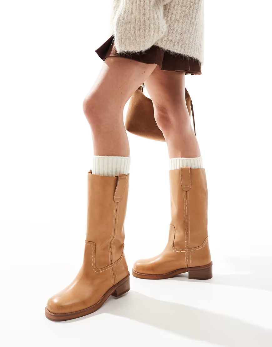 ASOS DESIGN Cindy leather pull-on boots in camel-Brown | ASOS (Global)