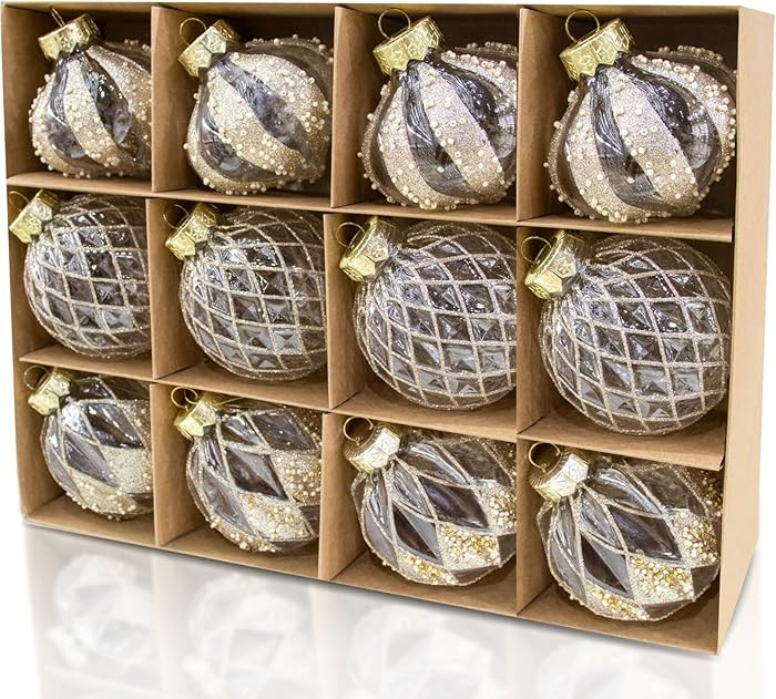 12 PCS Clear and Champagne Christmas Ball Ornaments, 80mm/3.15 Inches Rustic Farmhouse Christmas ... | Amazon (US)