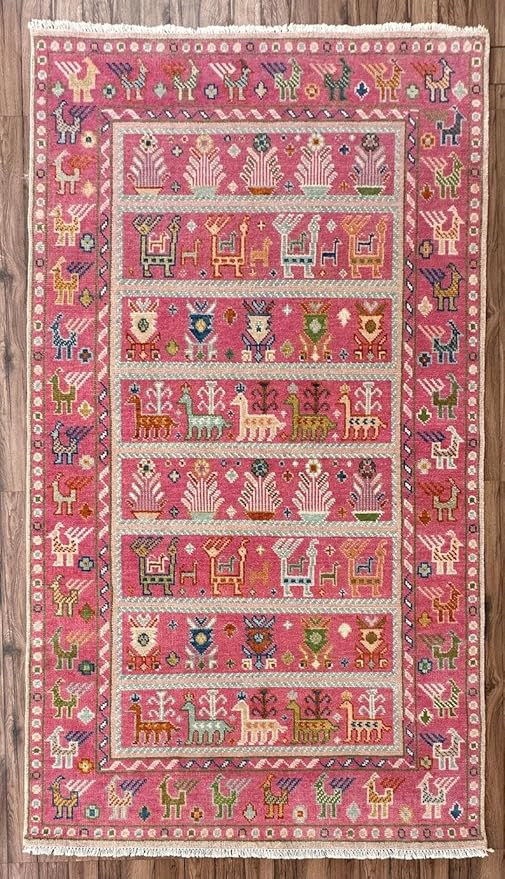 Pink Hand-Knotted Oushak Rug Vintage Turkish Wool Carpet with Tribal Animal & Floral Motifs, Bohe... | Amazon (US)