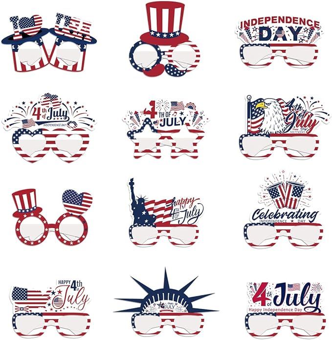 12pcs 4th of July Paper Glasses, Independence Day Party Favors Photo Props Glasses for Patriotic ... | Amazon (US)