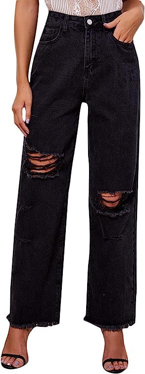 SweatyRocks Women's Ripped Straight Leg Jeans High Waist Distressed Cutout Denim Pants | Amazon (US)