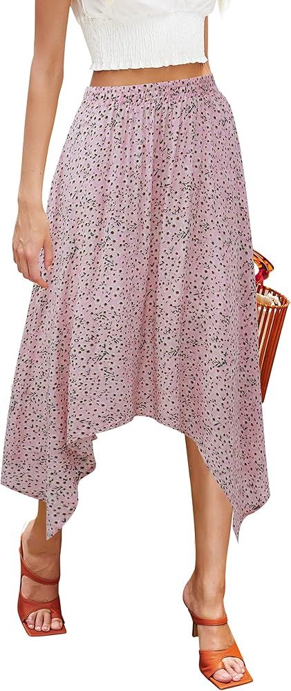 Hibluco Women's Midi Skirt High Waist Asymmetrical Floral Skirt Boho Skirts | Amazon (US)