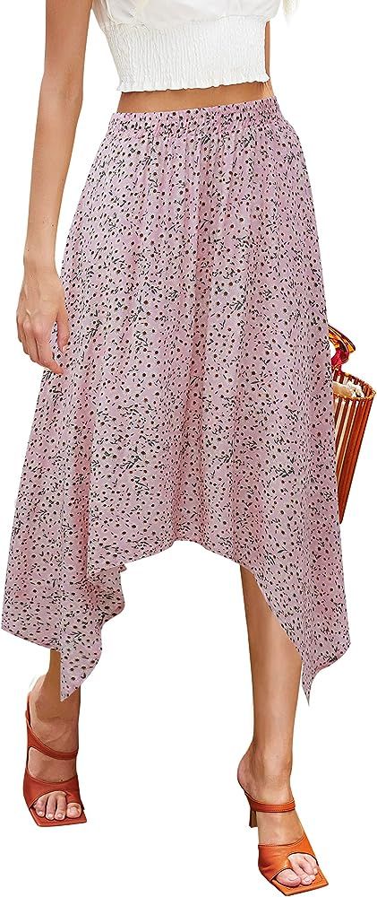 Hibluco Women's Midi Skirt High Waist Asymmetrical Floral Skirt Boho Skirts | Amazon (US)