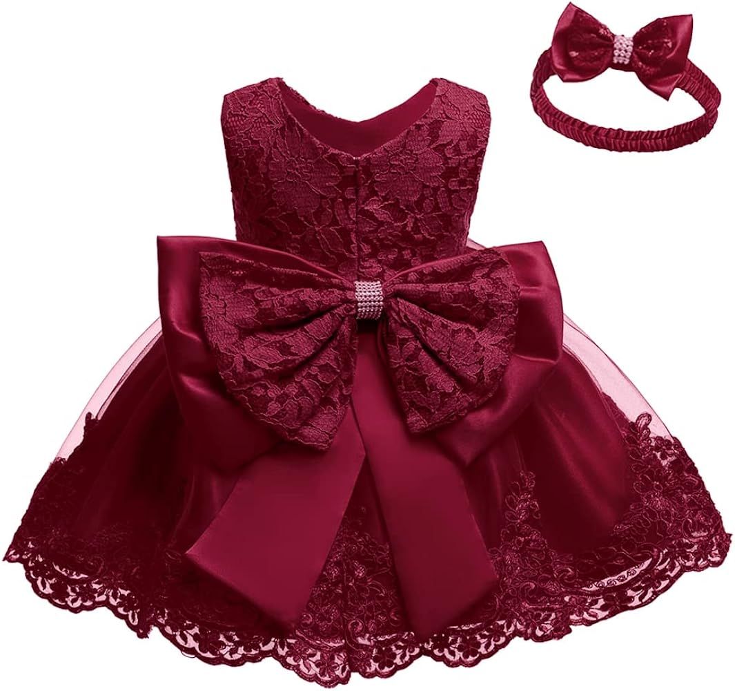 0-6T Baby Girl Formal Dress Toddler Lace Embroideryr Dresses with Headwear | Amazon (US)