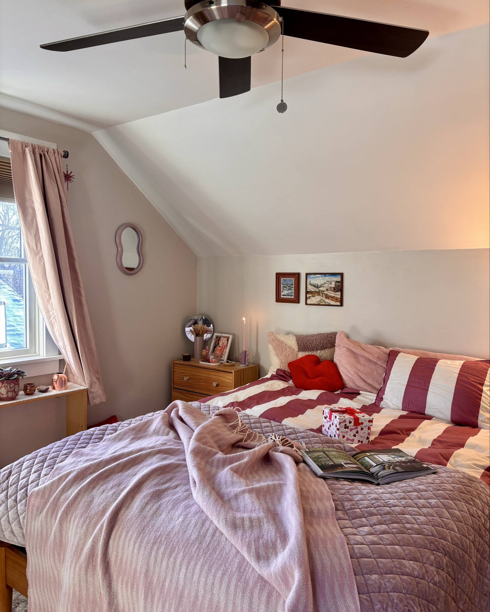 Cosy bedroom vibes! And in case you are wondering, this is my “valentine’s tree”! I just needed some more cheer in my life, so why put it way right after Christmas?!? Bedroom inspiration, Wayfair bed, affordable IKEA nightstand, H&M bedding, striped bedding and curtains, midcentury modern. #homedecor #bedroom

#LTKHome #LTKdayinmylife #LTKValentine