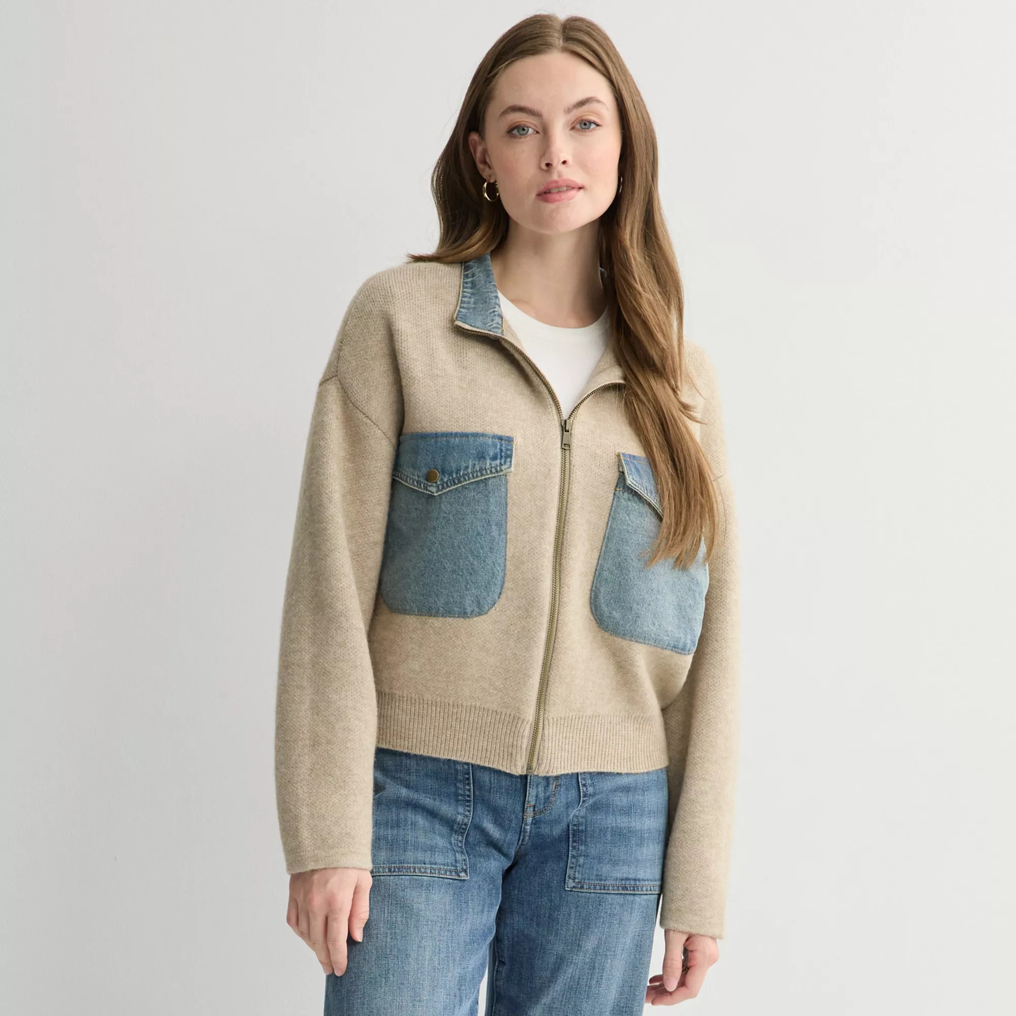 Women's Farmers Market Denim Mix Full-Zip Sweater Jacket, Size: XL, Oatmeal | Kohl's