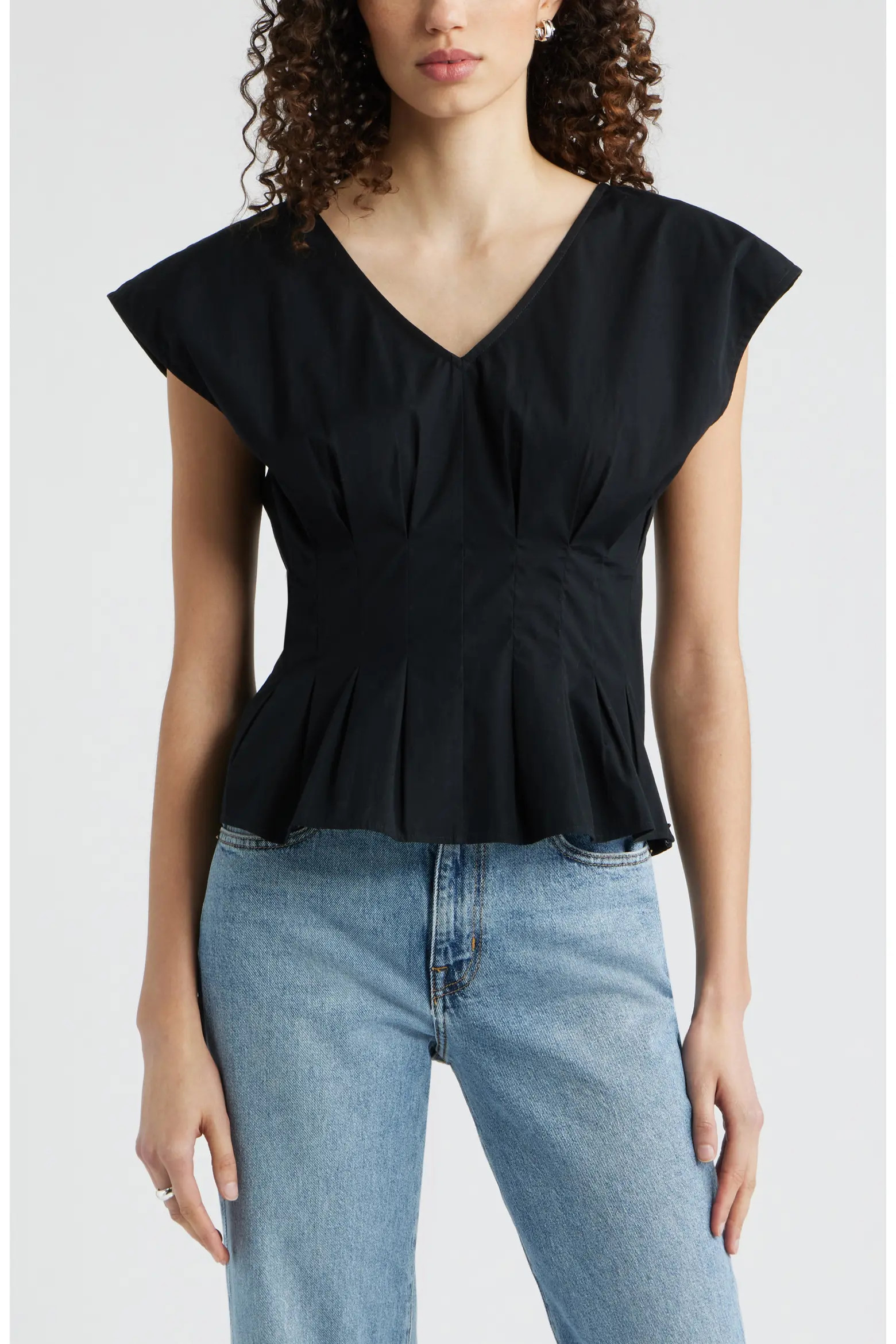 Pleated V-Neck Poplin Top (Women) | Nordstrom | Nordstrom