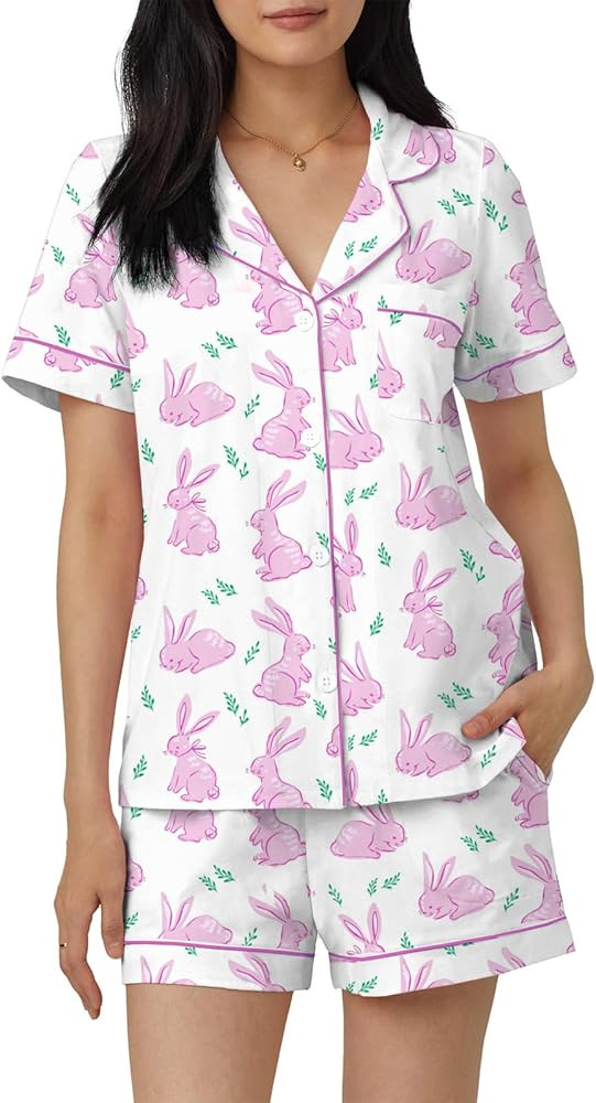 Women Easter Pajamas Set Cute Bunny Button Down Shirt and Shorts 2 Piece Pj Set Y2K Easter Outfit... | Amazon (US)