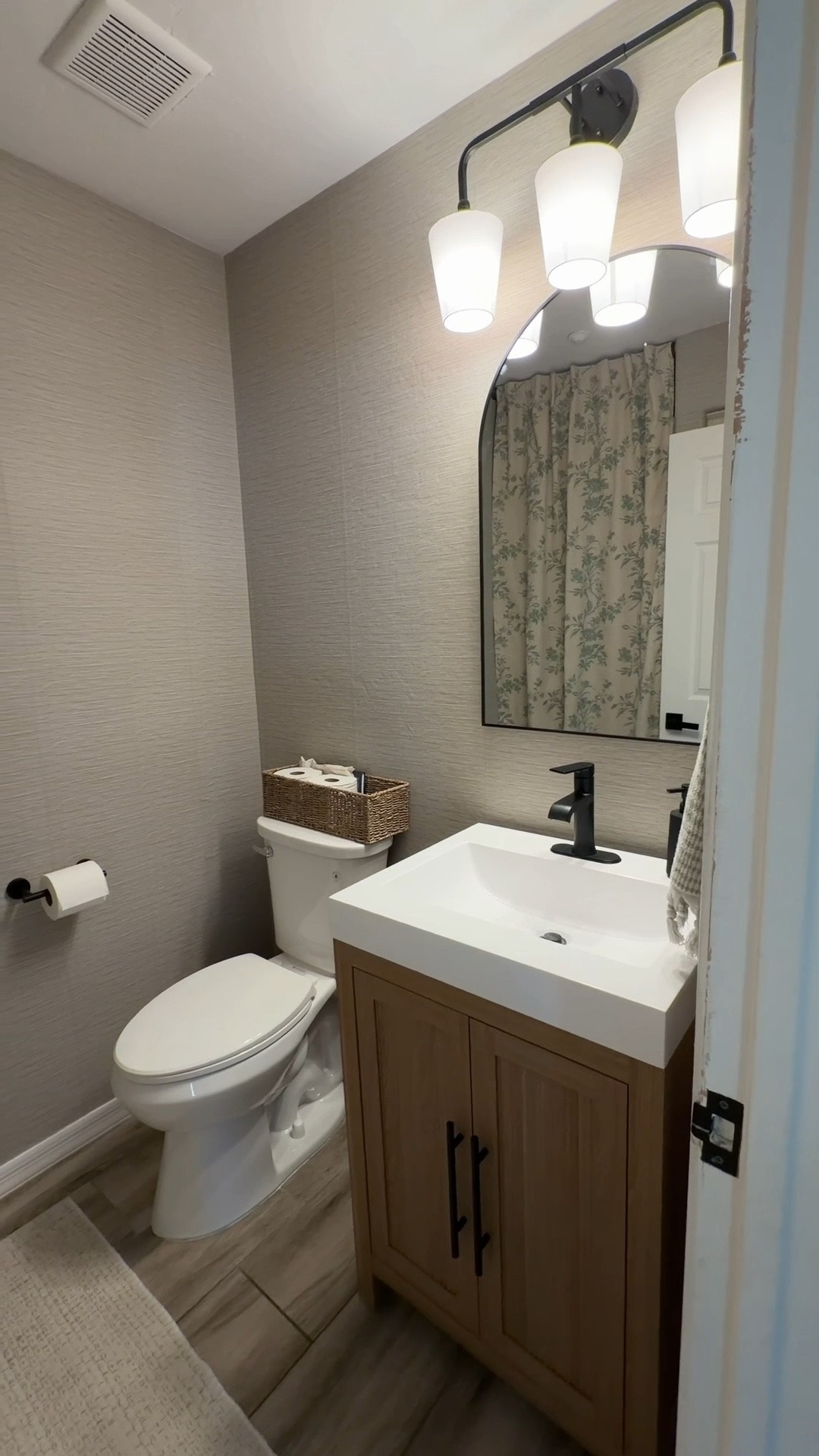 Cozy bathroom makeover - new vanity from Home Depot, light fixture, mirror, hardware, wallpaper and everything else from Amazon 😊

#LTKHome #LTKstorytime #LTKSaleAlert