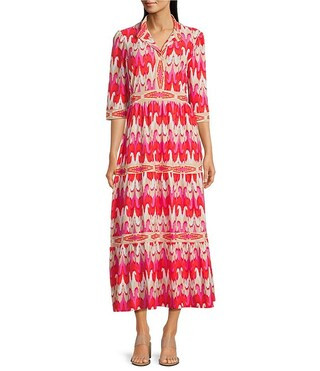 Candy Paradise Ikat Print Jude Cloth Knit V-Neck 3/4 Sleeve A-Line Tiered Maxi Dress | Dillard's